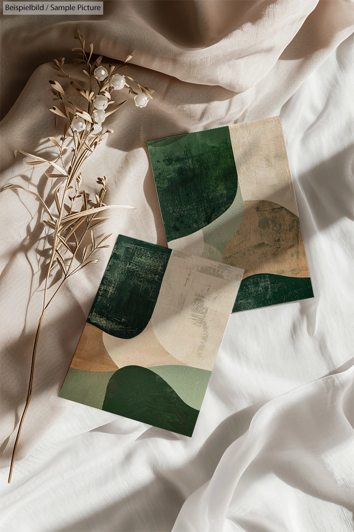 Two abstract paintings with green and beige curves on a textured white fabric, accompanied by dried flowers.