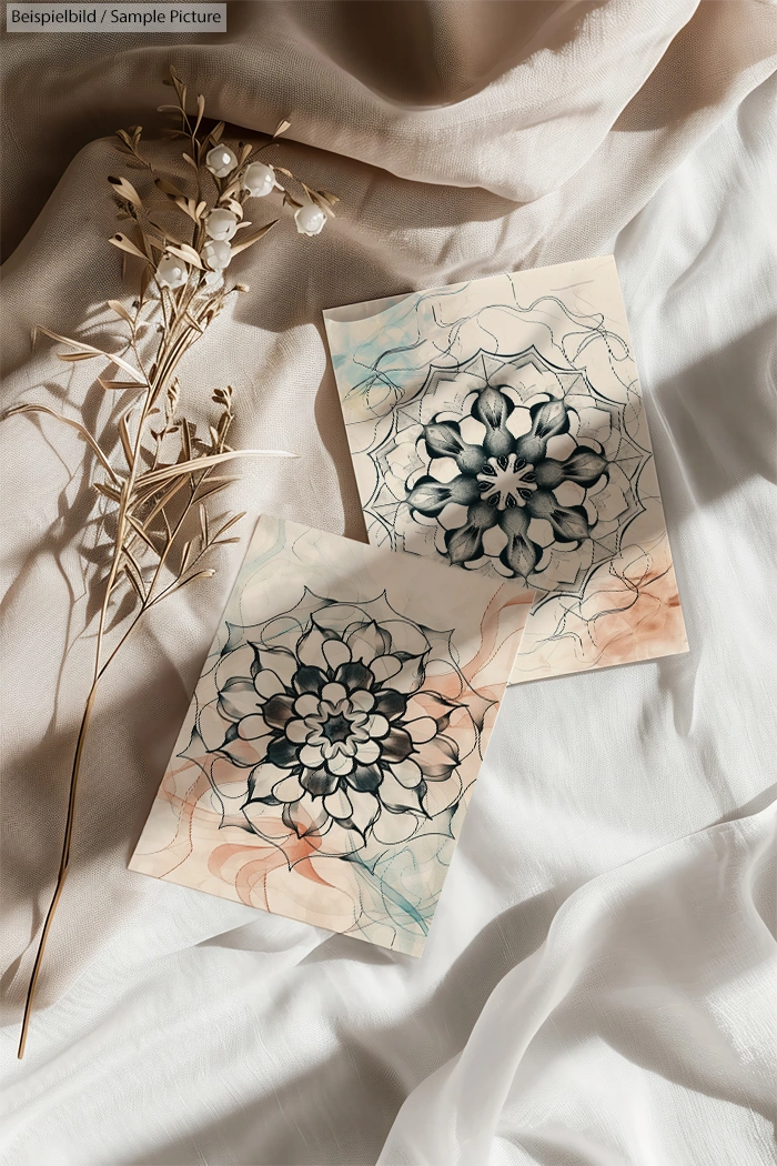 Two floral-patterned cards on white fabric, with dried flowers beside them.