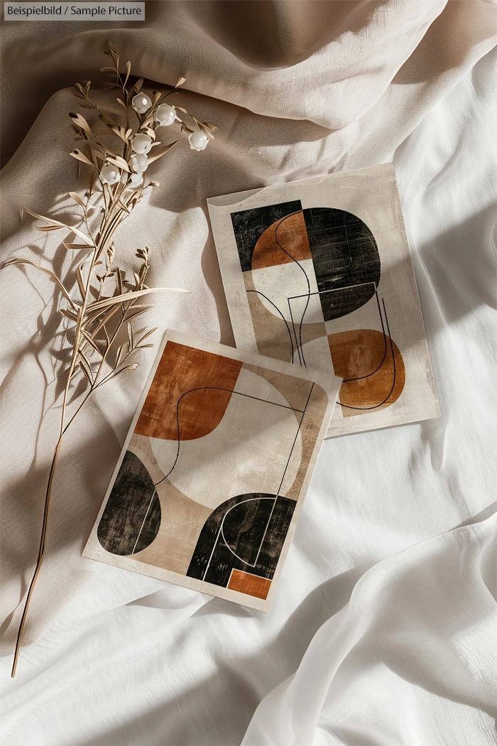 Abstract artwork on paper with geometric shapes in black, brown, and beige, placed on white fabric with dried flowers.