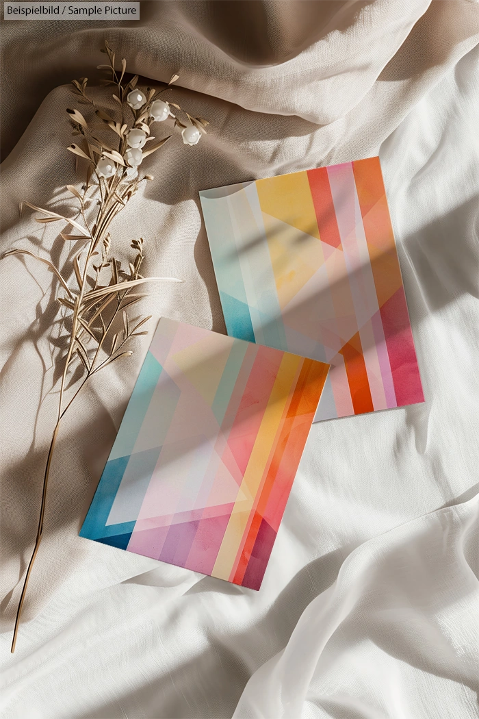 Colorful abstract geometric art prints on a white fabric with dried floral arrangement.