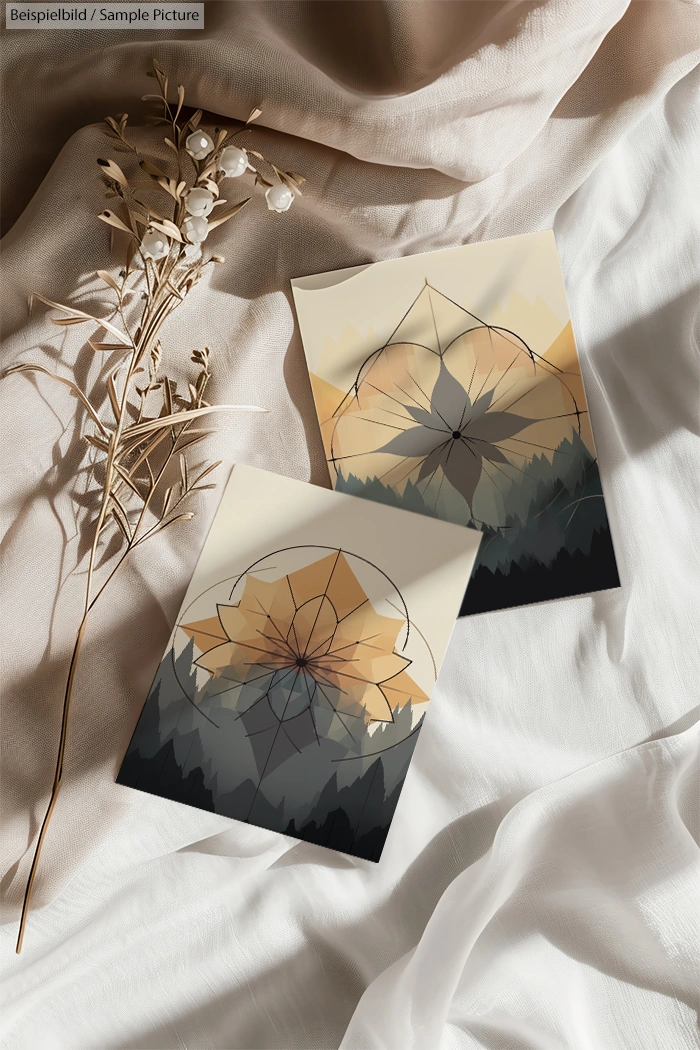 Elegant abstract geometric design with neutral tones on two papers, placed on soft fabric, beside decorative dried flowers.