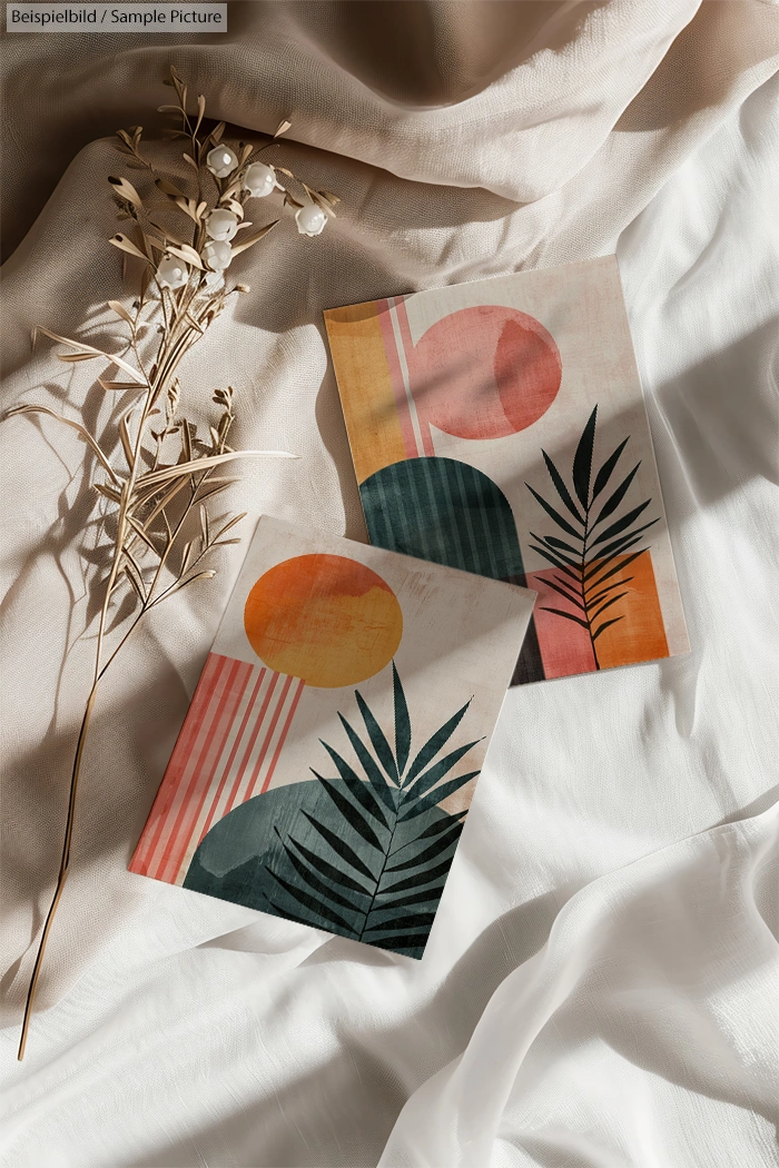 Abstract art prints with geometric shapes and palm leaves on fabric backdrop with dried flowers.