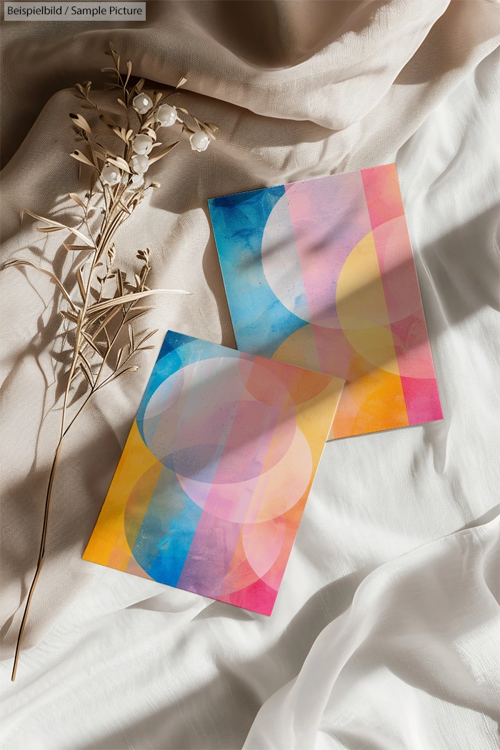 Two colorful abstract pattern cards on white fabric with dried flowers.