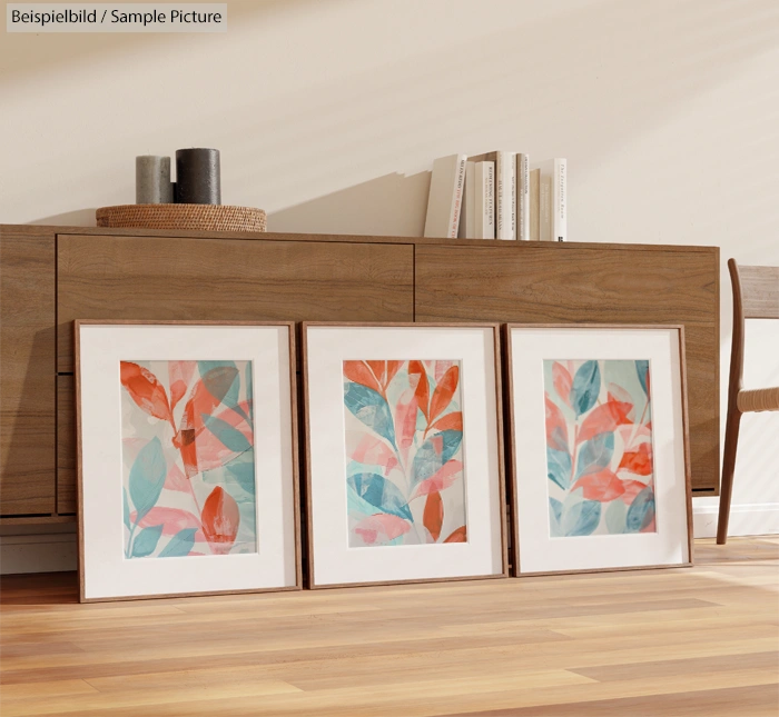 Three framed abstract paintings with red, blue, and green leaf patterns leaning against a wooden cabinet.