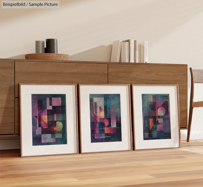 Three framed abstract paintings with geometric shapes in pinks and blues, leaned against a wooden sideboard in a bright room.