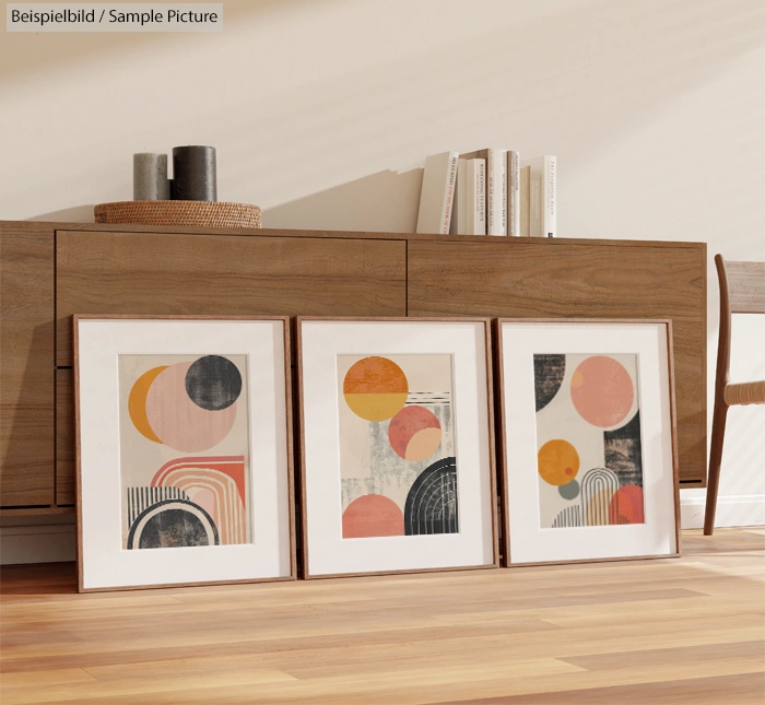 Three framed modern abstract artworks with geometric designs and warm tones, leaning against a wooden sideboard.