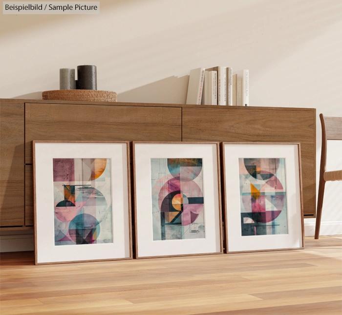 Three framed abstract geometric art pieces on wooden floor, leaning against a modern wooden console with books and decor.