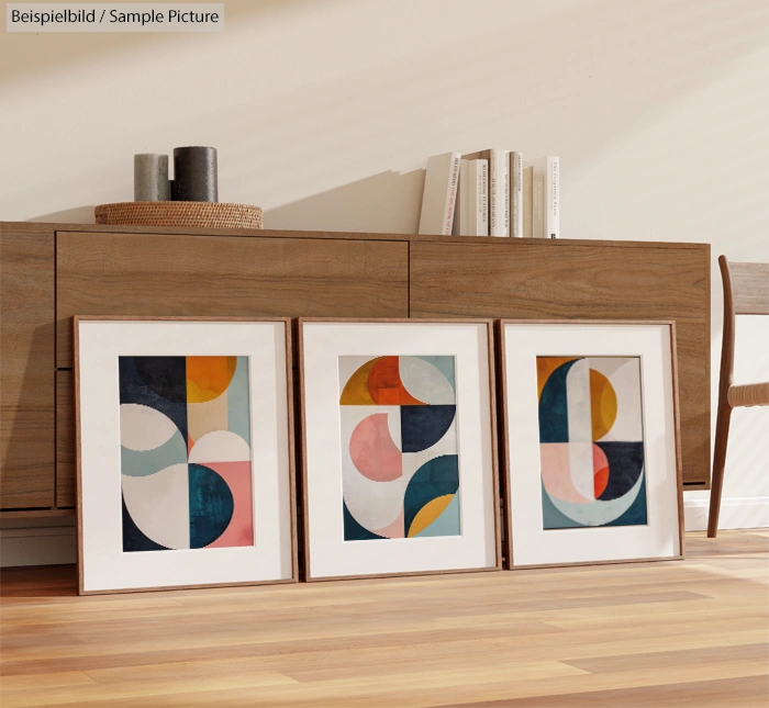 Three framed abstract artworks with geometric patterns resting against a wooden sideboard in a modern room.