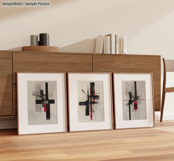 Three abstract paintings with black and red geometric patterns, leaning against a wooden console in a modern room.