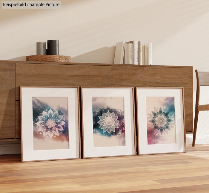 Three framed abstract flower artworks on floor against wooden cabinet, with books and decor on top.