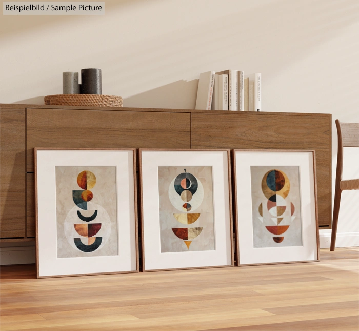 Three framed geometric art prints on floor against wooden sideboard with books and decor.