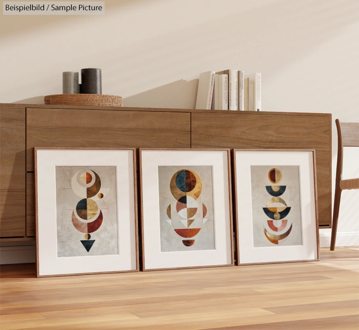 Three framed abstract geometric prints leaning against a wooden sideboard on a wooden floor.