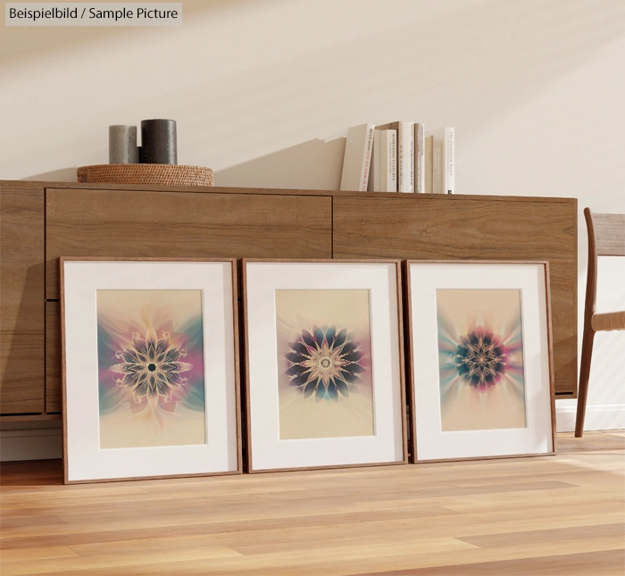 Three framed abstract floral artworks leaning against a wooden cabinet, with neutral decor and wooden floor.