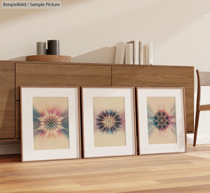 Three framed abstract floral prints leaning against a wooden sideboard in a sunlit room.