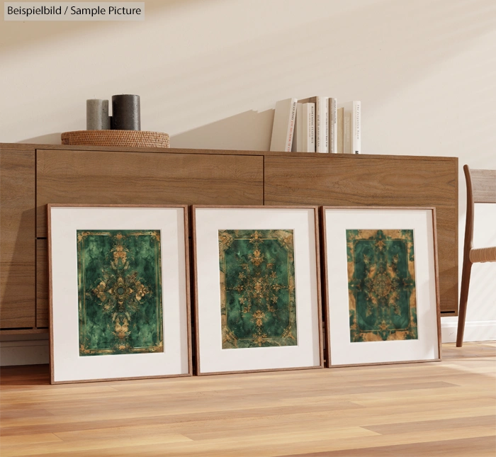 Three framed abstract green and gold artworks on floor against a wooden sideboard, with books and decor on top.