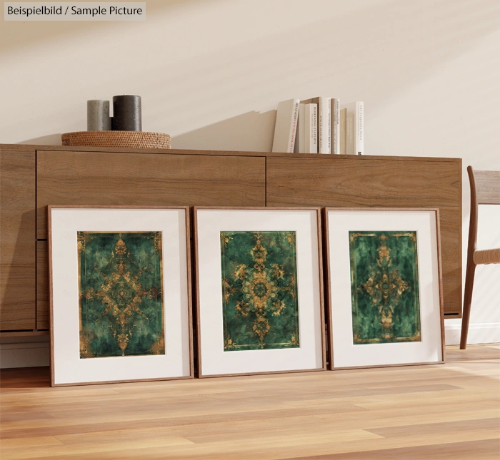 Three framed green and gold abstract artworks on wooden floor, beneath a wooden cabinet with books and decor.