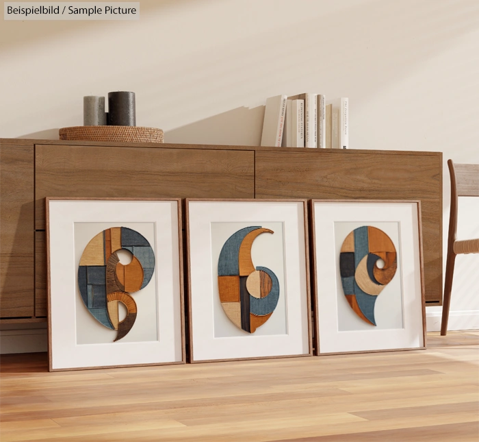 Three framed abstract artworks with geometric shapes in brown, blue, and beige displayed on a wooden floor.