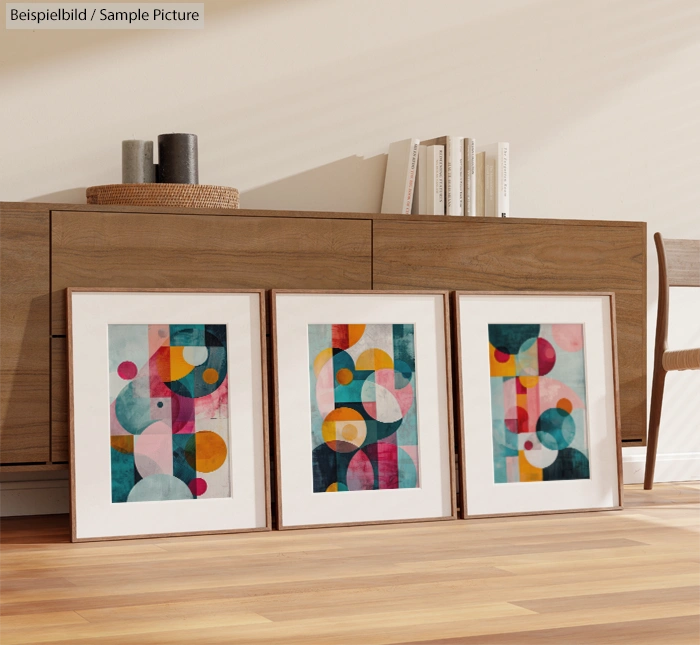 Three framed abstract paintings with colorful geometric shapes leaning against wooden sideboard.