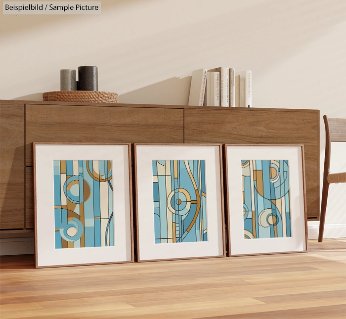 Three abstract geometric prints in frames leaning against a wooden sideboard.