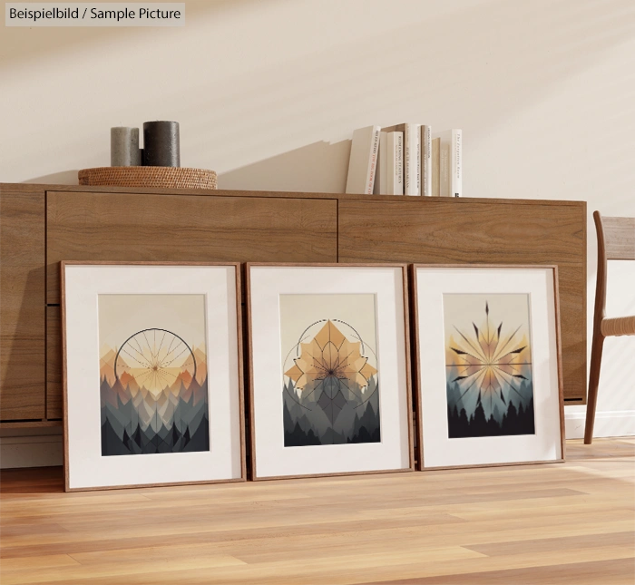 Three framed geometric art prints with mountain motifs leaning against a wooden cabinet on a light wood floor.