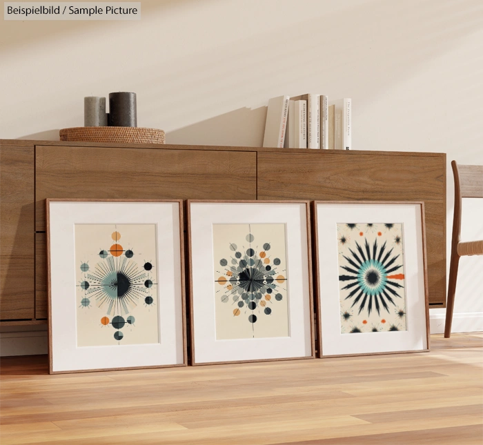 Three framed abstract artworks on floor against wooden cabinet in modern room.