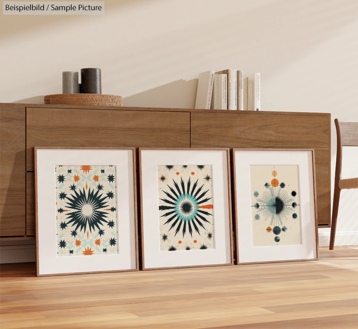 Mid-century modern art prints on floor against wooden sideboard in living room.