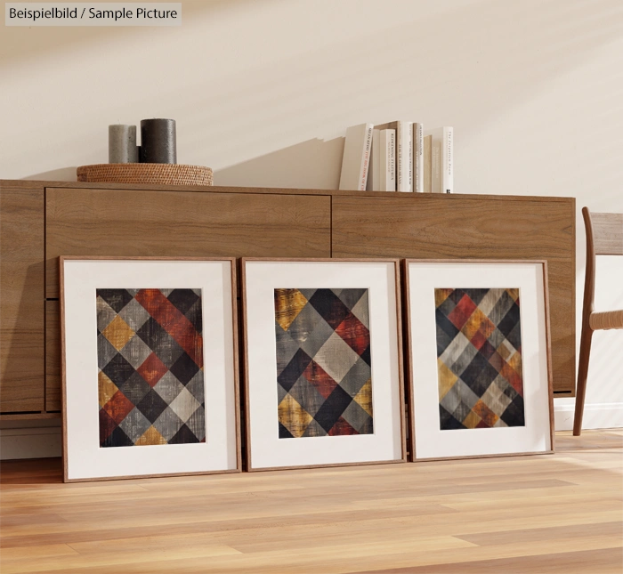 Three framed abstract geometric artworks leaning against a modern wooden sideboard in a minimalist room.