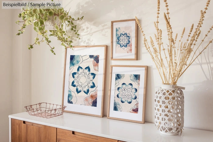 Decor with framed mandala art, potted plant, and vase on a wooden sideboard.