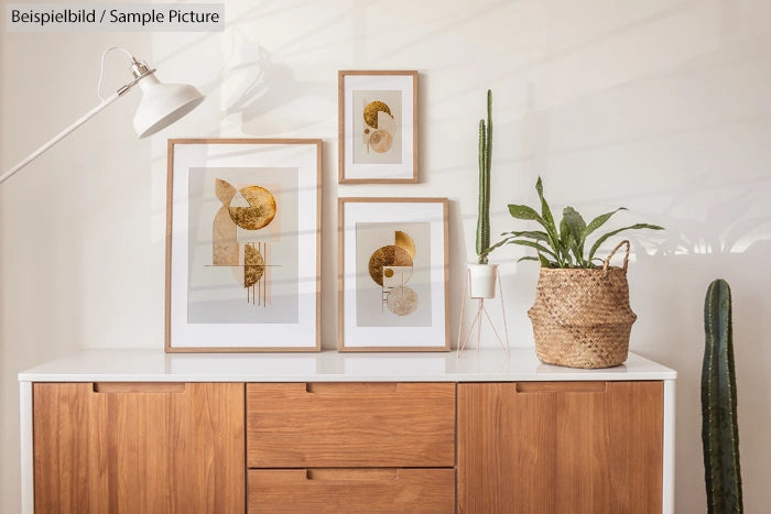 Minimalist room with three framed geometric artworks on a wooden sideboard, flanked by indoor plants and a white lamp.