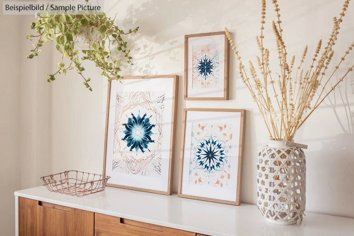 Three framed abstract artworks on a wooden sideboard with decorative plants and basket, bright and modern interior design.