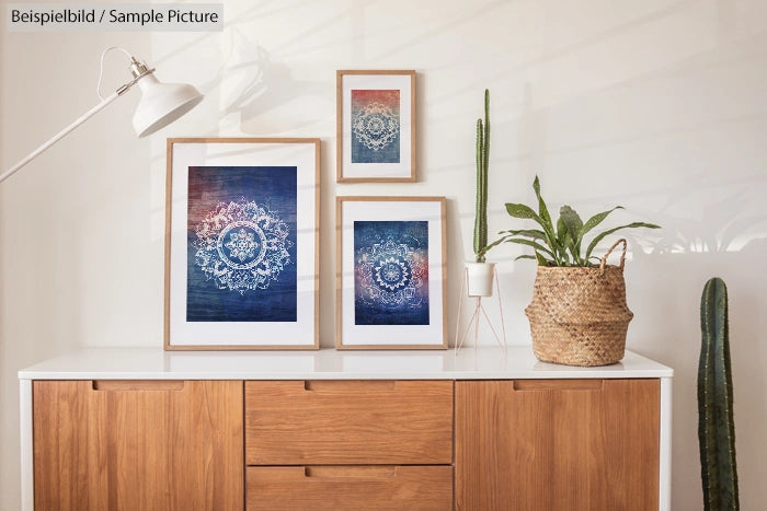 Modern wooden cabinet with framed mandala art, potted plants, and a white lamp in a minimalist interior setting.