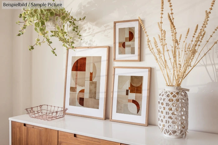 Modern living room with abstract art, wooden sideboard, plant, and decorative vase with dried branches.