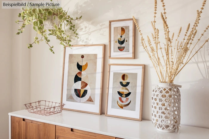 Abstract geometric artwork in wooden frames on a sideboard with plants and woven vase, in a bright interior.