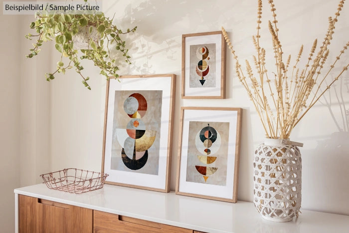 Modern minimalist art prints on a sideboard with plants and a decorative vase.