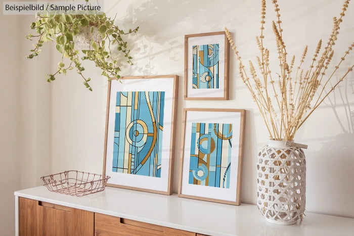 Modern living room with geometric blue art prints and dried flowers on a wooden console.