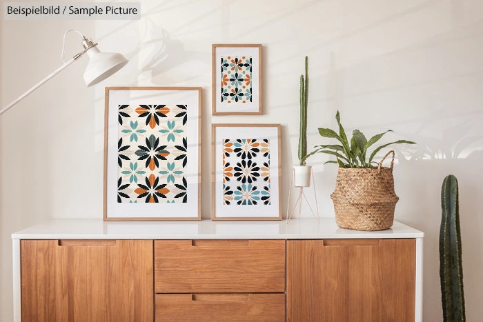 Modern interior with wooden sideboard, framed floral art, and potted cacti, showcasing minimalist decor style.