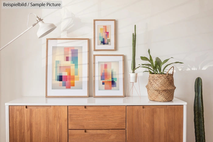 Modern living room with abstract artwork, wooden console, potted plants, and a white lamp.