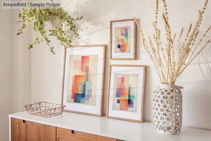 Modern abstract art prints in wooden frames on a shelf, with plants in vases, against a white wall.