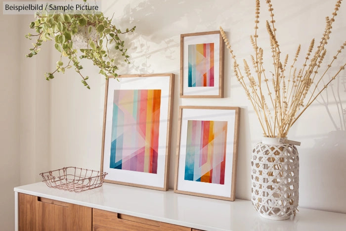 Room decor with abstract colorful framed art, wooden sideboard, potted plant, and decorative vase.