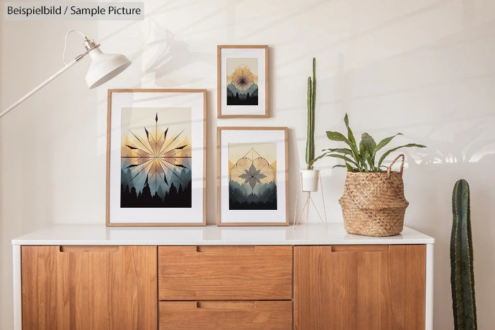 Minimalist living room with framed geometric art, modern lamp, and plants on a wooden cabinet.