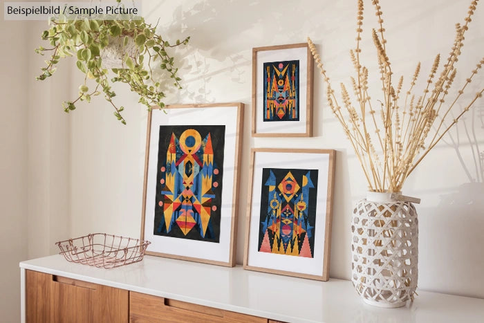 Three abstract art prints in wooden frames on a dresser, adorned with a plant and a decorative vase.