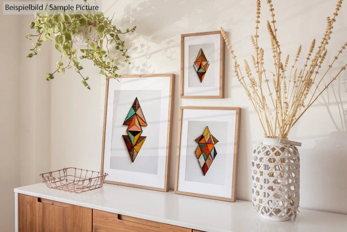 Interior shelf with framed geometric art, hanging plant, wicker basket, and decorative white vase.