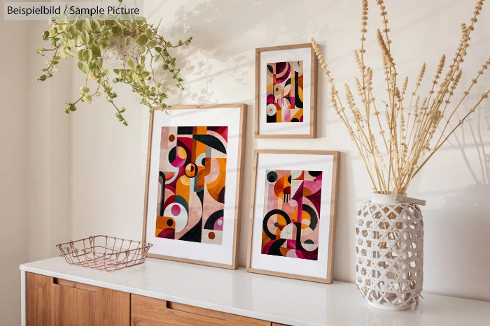 Interior with abstract art prints in wooden frames on a white shelf, alongside plants and decorative vases.