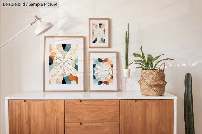 Modern wooden cabinet with abstract art prints, houseplants, and a white lamp in a bright, minimalist room.