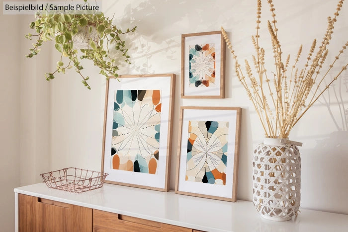 Stylish interior wall decor with three framed botanical prints and vase on a white sideboard with plants.