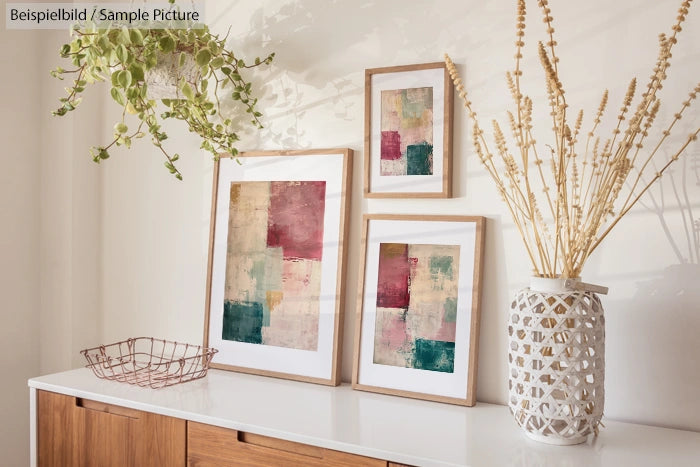 Three abstract paintings in wooden frames on a shelf with a plant and decorative vase.