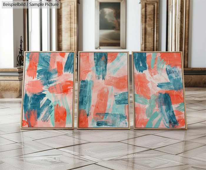 Three abstract paintings on floor with blue, white, and orange brush strokes, framed and leaning against wall.