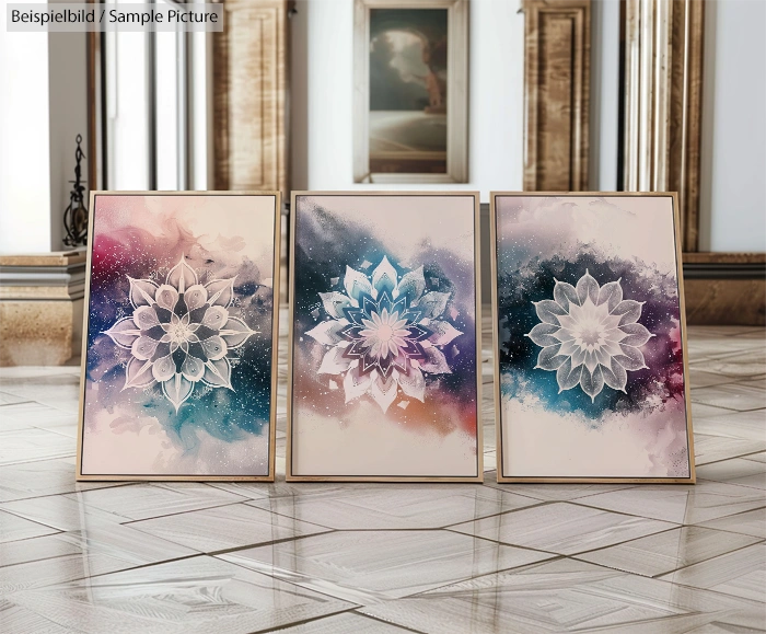 Three framed abstract flower artworks displayed in an elegant gallery setting with marble floor and wooden doors.