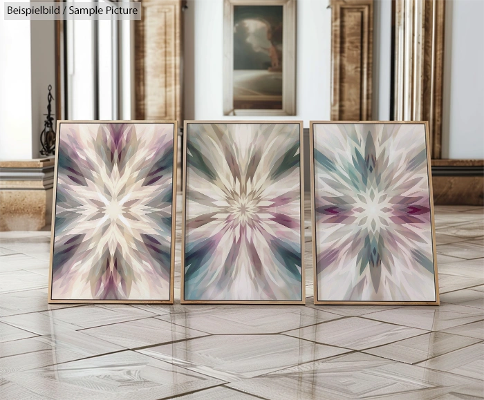 Three abstract geometric paintings with starburst patterns in purple, beige, and teal tones on a wooden floor.