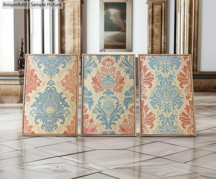 Three ornate damask pattern artworks in blue, coral, and cream colors displayed on a reflective wooden floor.